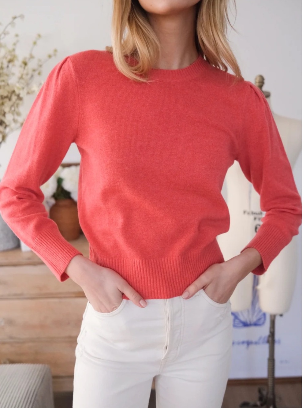 MAREA by Liz Joy woman’s cashmere sweater, puffed sleeve in a beautiful coral